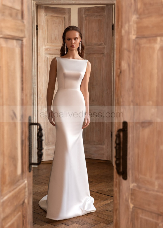 Ivory Satin V Open Back Simple Wedding Dress